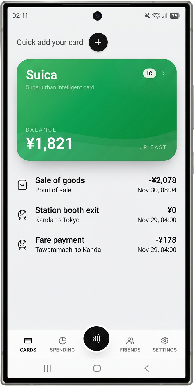 IC Japan app showing a Suica card balance of 1,821 yen and recent trips